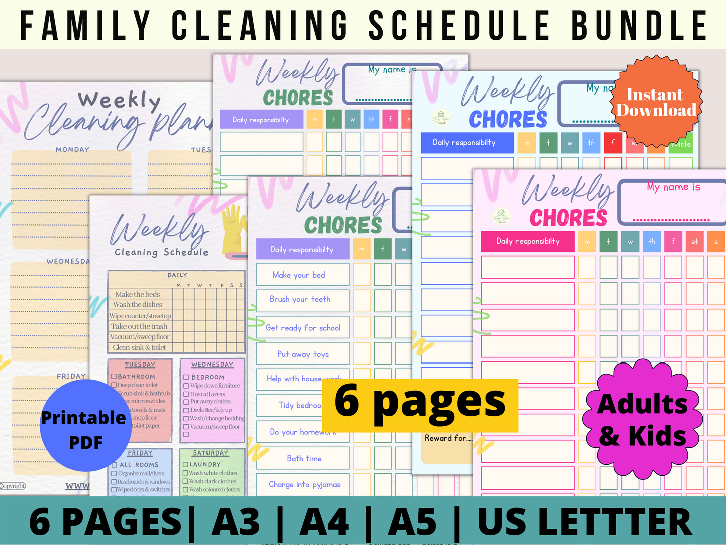 Family Cleaning Schedule Bundle - Digital PDF