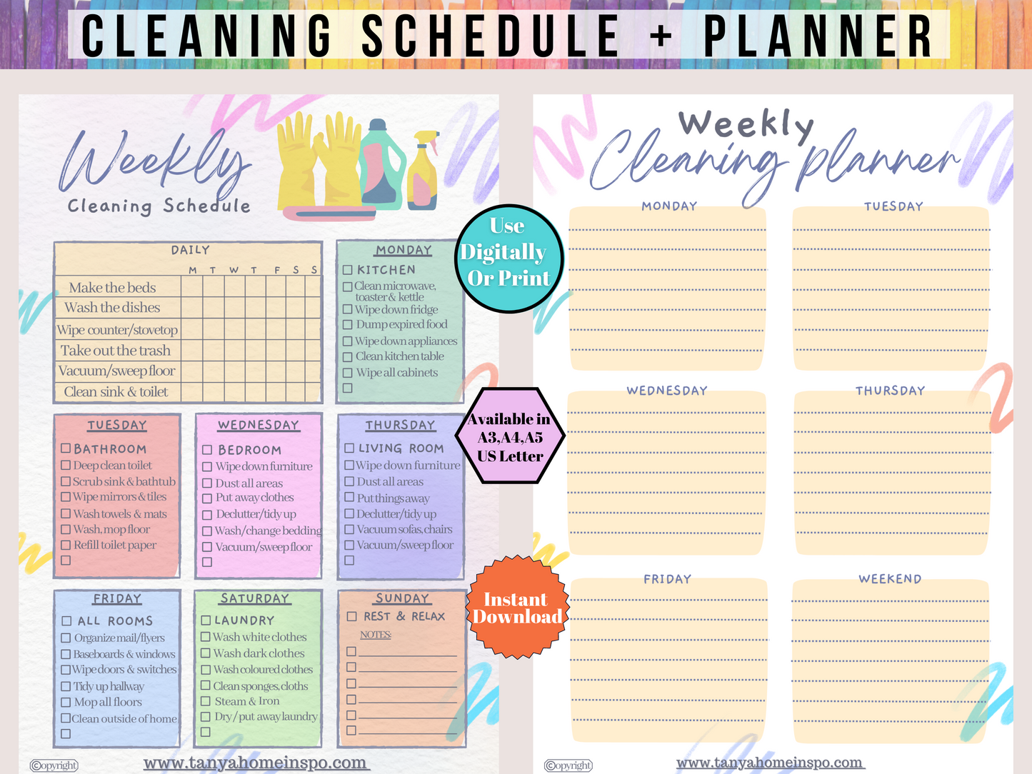 Weekly Cleaning Schedule & Cleaning Planner Set - Digital PDF