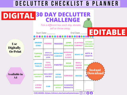 Editable Decuttering Checkist & Planner - Digital PDF