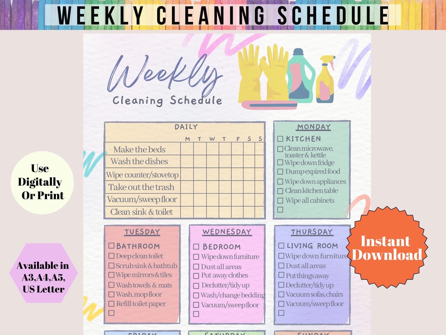 Weekly Cleaning Schedule & Cleaning Planner Set - Digital PDF