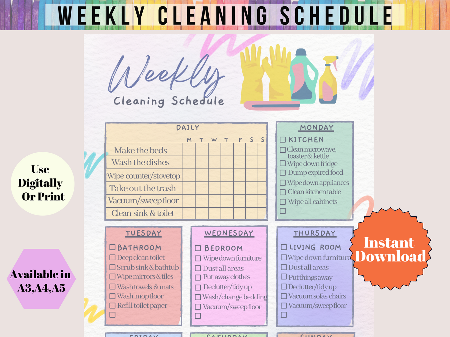 Editable Weekly Cleaning Schedule Checklist - Digital PDF
