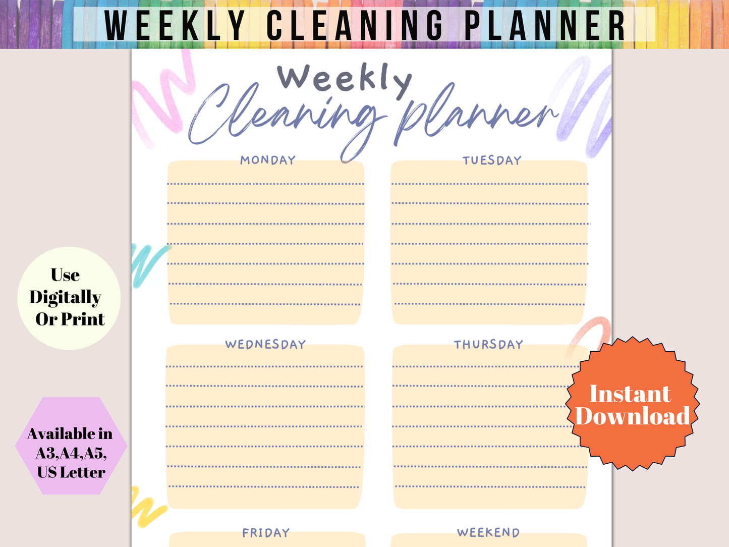 Weekly Cleaning Schedule & Cleaning Planner Set - Digital PDF