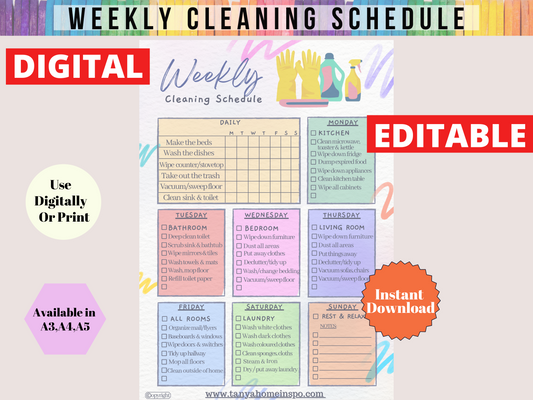Editable Weekly Cleaning Schedule Checklist - Digital PDF